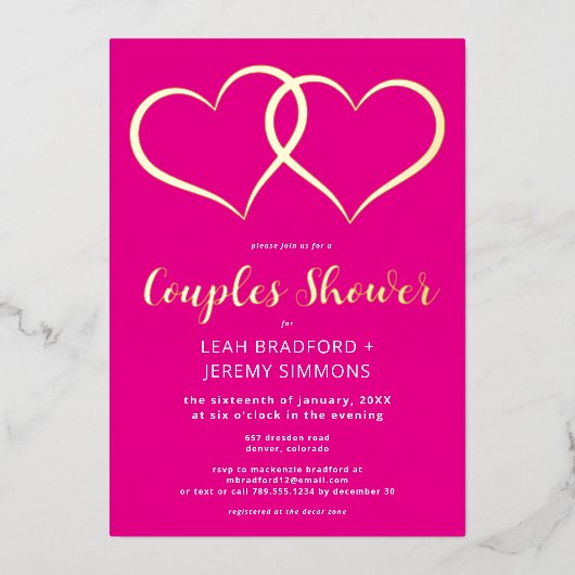 Minimaal Twee Harten Hot Roze Paren Douche Foto Folie Uitnodiging (Voorkant)