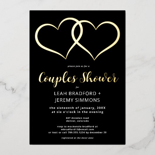 Minimaal twee harten zwart wit koppels douche folie uitnodiging (Voorkant)
