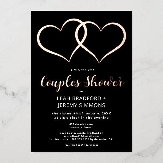 Minimaal Twee Harten Zwart Wit Paar Douche Foto Folie Uitnodiging (Voorkant)