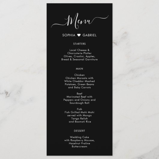Minimaal Typografie Hart Zwart Bruiloft Menu Kaart (Voorkant)