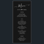 Minimaal Typografie Hart Zwart Bruiloft Menu Kaart<br><div class="desc">Minimalistische Elegant Simple Typography Heart Black Wedding Menu Kaart is ideaal voor een moderne minimal bruiloft. Ontwerp met zwarte met de hand geletterde typografie / kalligrafie, weinig liefde hart motief tussen de naam van het paar in wit op zwarte achtergrond, met een eenvoudige schone look. Dit menu kan worden gebruikt...</div>