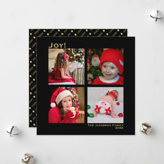 Minimaal vierkant 4-foto-kerst zwart feestdagenkaart (Voorkant / Achterkant in situ)
