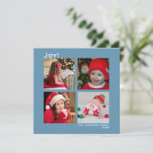 Minimaal vierkant 4-foto-kerstsierblauw feestdagenkaart (Staand voorkant)