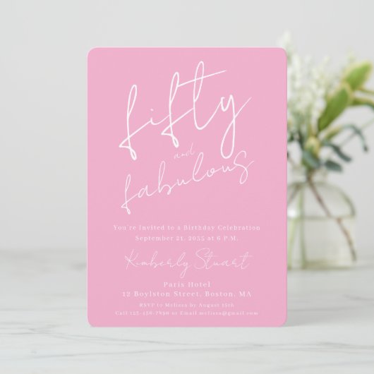Minimaal Vijftig & Fabulous 50e Script Roze Verjaa Kaart (Staand voorkant)