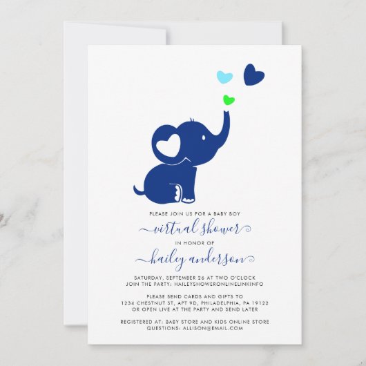 Minimaal virtueel Baby shower Blue Boy Elephant Kaart (Voorkant)