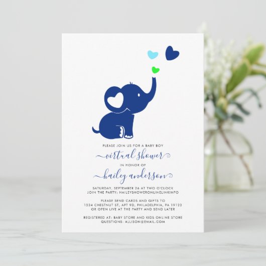 Minimaal virtueel Baby shower Blue Boy Elephant Kaart (Staand voorkant)
