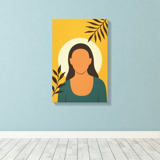 Minimaal vrouwenportret met bladeren canvas afdruk (Insitu (Houten vloer))