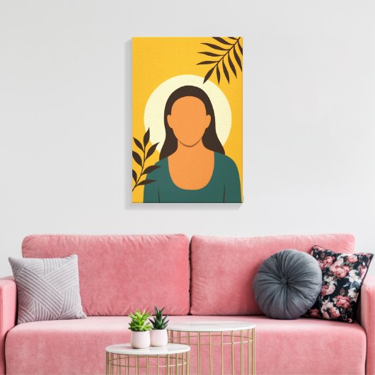 Minimaal vrouwenportret met bladeren canvas afdruk (Insitu (Woonkamer))