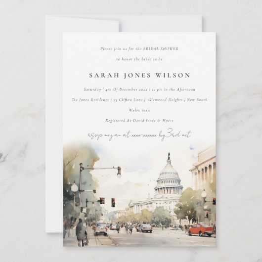 Minimaal Washington DC Waterverf Vrijgezellenfeest Kaart (Voorkant)