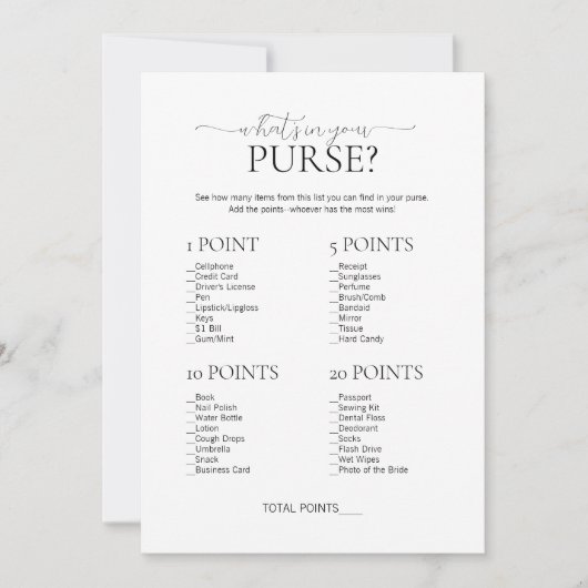 Minimaal wat er in uw Purse Vrijgezellenfeest Game Kaart (Voorkant)