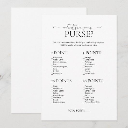 Minimaal wat er in uw Purse Vrijgezellenfeest Game Kaart (Voorkant / Achterkant)