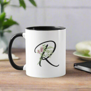 Minimaal Waterverf Flower & Black Letter R Script Mok