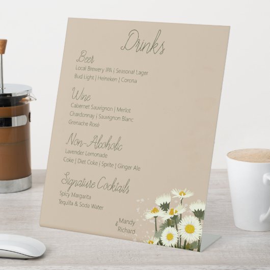 Minimaal White Daisy Flowers Drink Menu Reclamebord Met Voetstuk (Insitu)