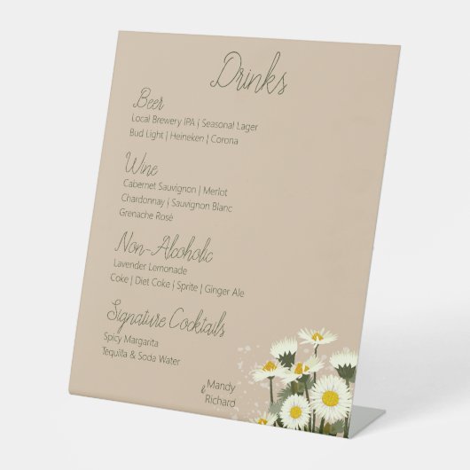 Minimaal White Daisy Flowers Drink Menu Reclamebord Met Voetstuk (Voorkant)
