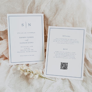 Minimaal Wit en Stofblauw All-in-One Trouw Kaart