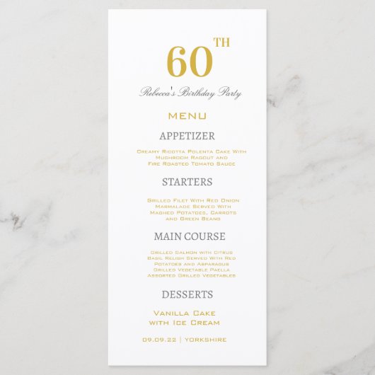 Minimaal Wit & Goud 60e Verjaardagspartij Douane Menu (Voorkant)