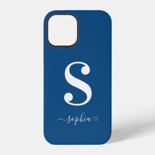 Minimaal Wit Monogram Grijs Script Naam op Blauw iPhone 12 Hoesje