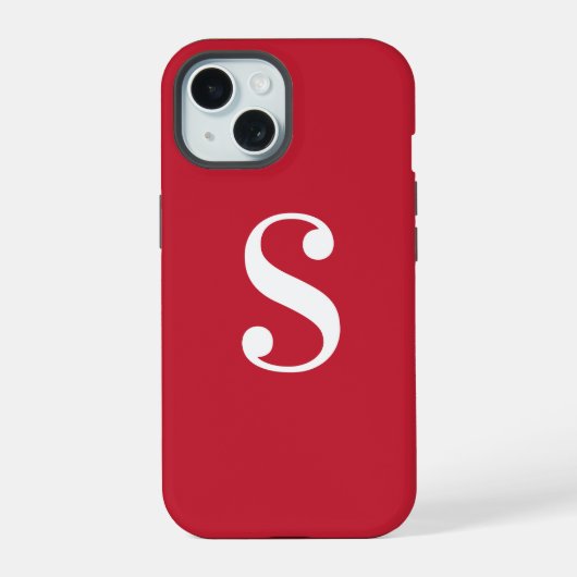 Minimaal wit monogram op rood iPhone 15 case (Achterkant)