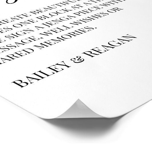Minimaal Wit Zwart Trouwen Jenga Guestbook Sign Poster (Hoek)