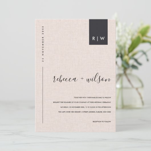 MINIMAAL ZFT BLUSH PINK LINEN TYPOGRAPHY WEDING KAART (Staand voorkant)