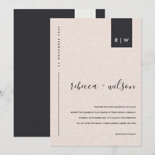 MINIMAAL ZFT BLUSH PINK LINEN TYPOGRAPHY WEDING KAART (Voorkant / Achterkant)