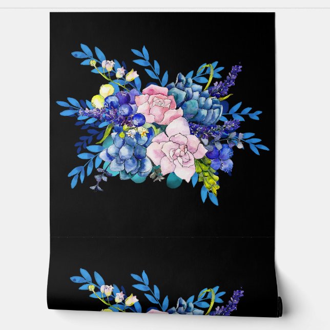 Minimaal Zwart Blauw en Roze Kleur Floral Design Behang (Afrollen)