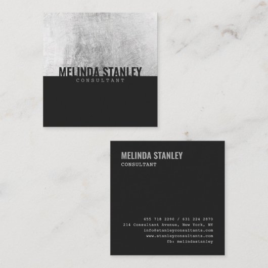 Minimaal zwart chique zilveren folie elegant kleur vierkante visitekaartje (Voorkant / Achterkant)