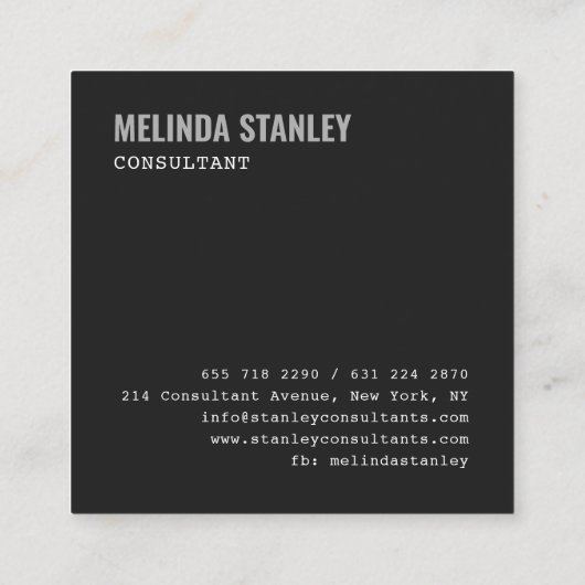 Minimaal zwart chique zilveren folie elegant kleur vierkante visitekaartje (Achterkant)