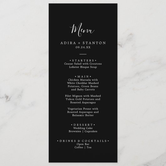 Minimaal zwart coördinaat bruiloft diner menu (Voorkant)