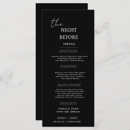 Minimaal zwart diner de avond voor bruiloft menu (Voorkant / Achterkant)