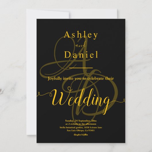 Minimaal zwart en goud monogram delicate bruiloft kaart (Voorkant)