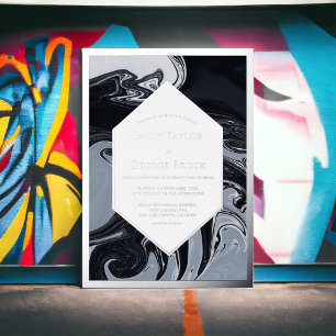 Minimaal zwart en wit Abstract huwelijk zilver Folie Uitnodiging