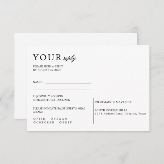Minimaal zwart en wit bindschrift RSVP kaartje (Voorkant / Achterkant)