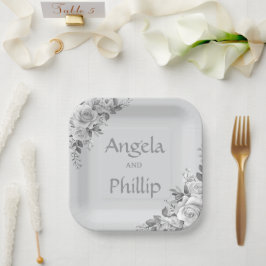 Minimaal Zwart en Wit met Rozen Monogramme Papieren Bordje