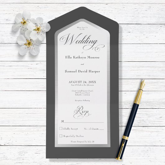 Minimaal zwart en wit zilver, modern, geen diner all in one uitnodiging