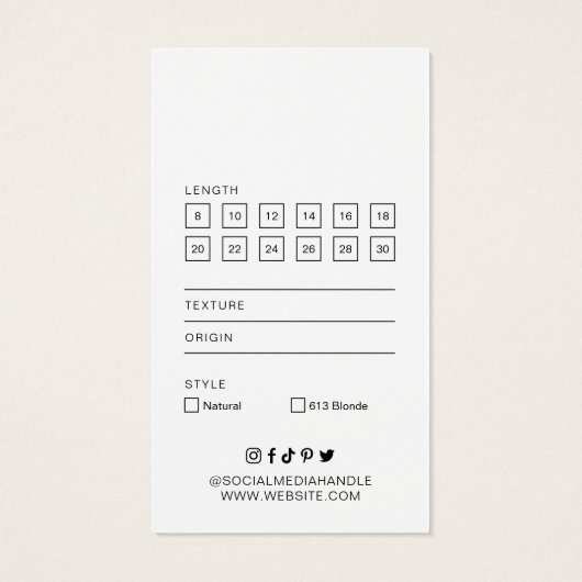 Minimaal Zwart Haar Extensions Maat Label Hang Lab Visitekaartje (Achterkant)