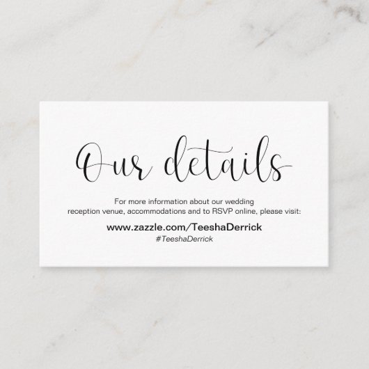 Minimaal, zwart lettertype, huwelijksdetails informatiekaartje (Voorkant)