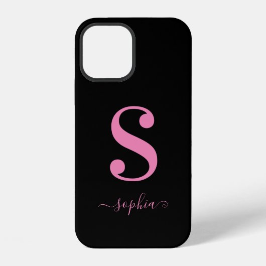 Minimaal zwart met roze monogram script naam iPhone hoesje (Achterkant)