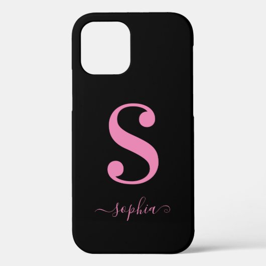 Minimaal zwart met roze monogram scriptnaam Case-Mate iPhone case (Achterkant)
