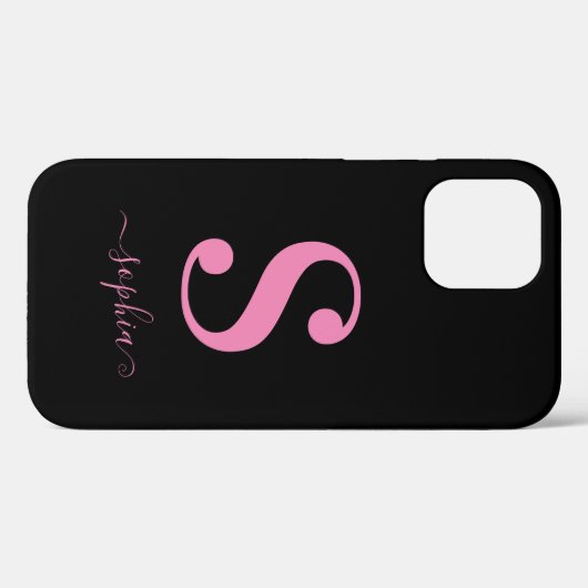 Minimaal zwart met roze monogram scriptnaam Case-Mate iPhone case (Achterkant (horizontaal))