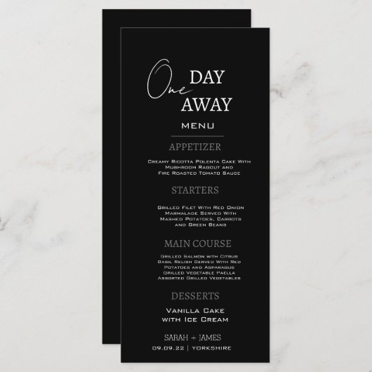 Minimaal zwart op een dag weg repetitie diner menu (Voorkant / Achterkant)