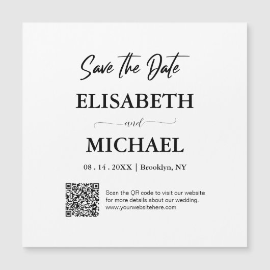 Minimaal zwart wit Bewaar de datum QR code bruilof Magnetische Uitnodiging (Voorkant)