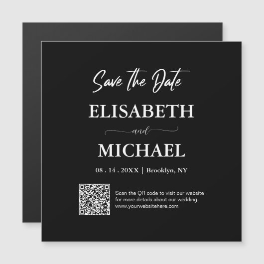 Minimaal zwart wit Bewaar de datum QR code bruilof Magnetische Uitnodiging (Voorkant / Achterkant)