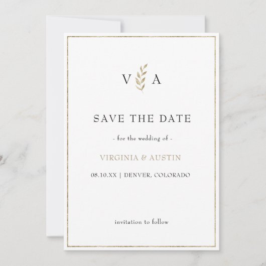 Minimaal zwart wit | Blad Gouden Grens Bruiloft Save The Date (Voorkant)