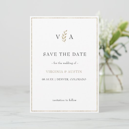 Minimaal zwart wit | Blad Gouden Grens Bruiloft Save The Date (Staand voorkant)