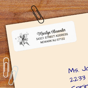 Minimaal zwart-wit bloemen retouradres etiket