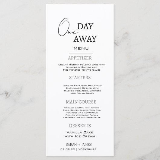 Minimaal zwart wit een dag weg repetitie diner menu (Voorkant)