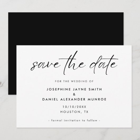 Minimaal Zwart Wit Elegant Script Bruiloft Save The Date (Voorkant / Achterkant)