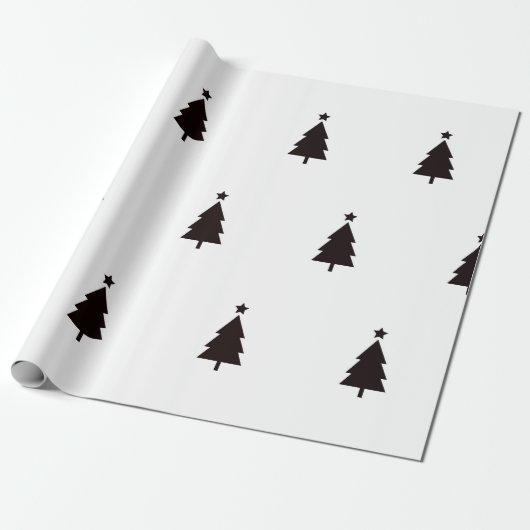 Minimaal zwart wit kerstbomen sterrenpatroon cadeaupapier (Uitgerold)