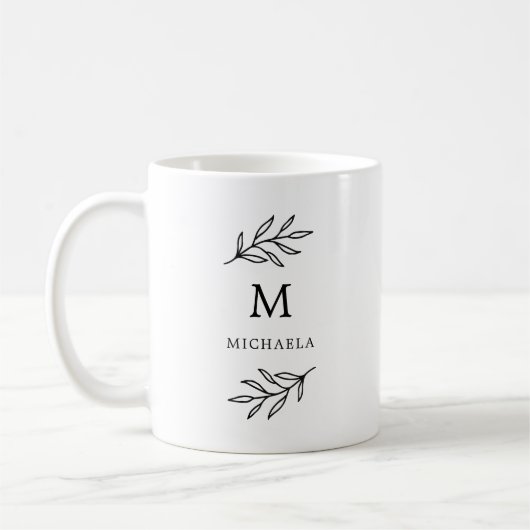 Minimaal zwart-wit leder-monogram van botanische b koffiemok (Links)